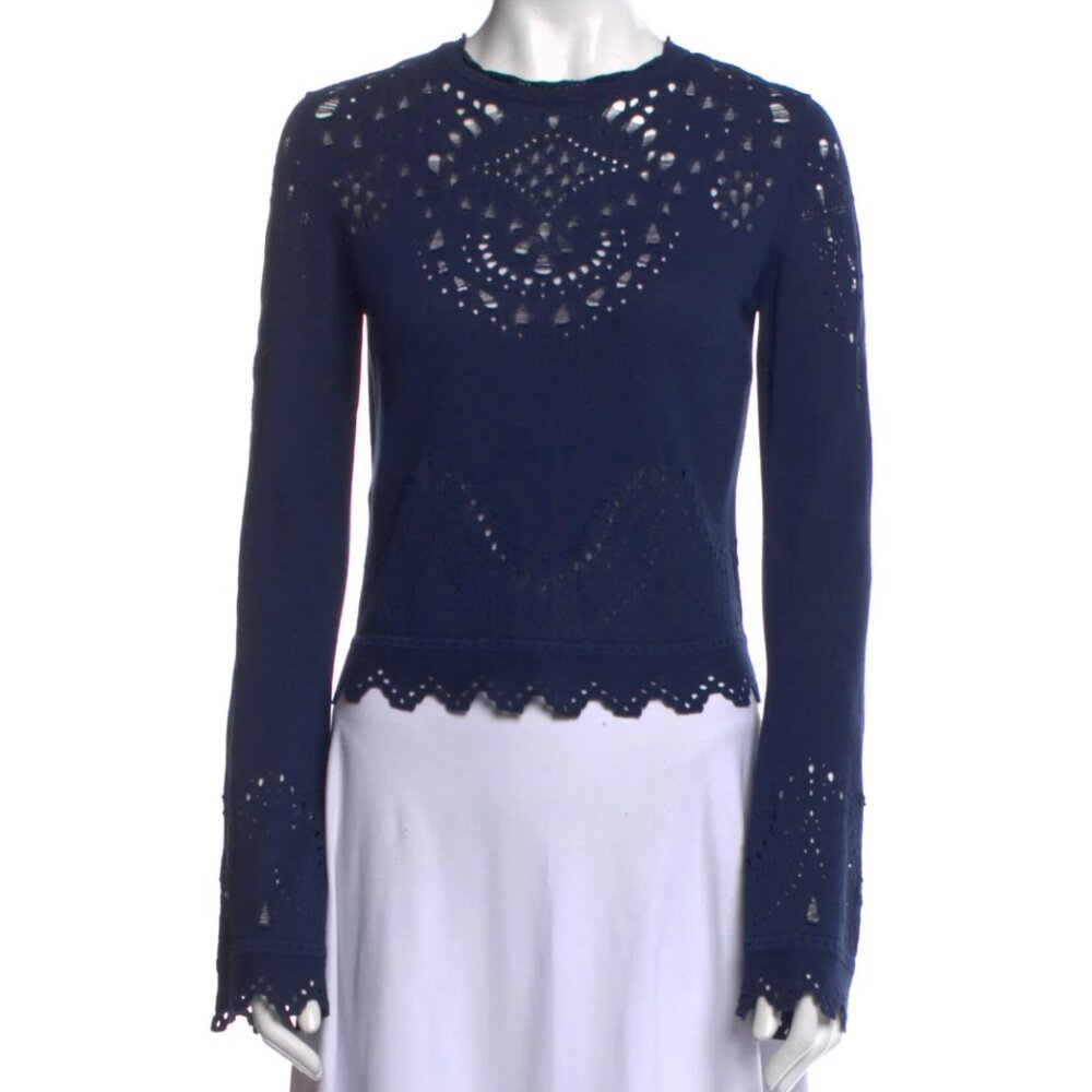 Derek Lam 10 Crosby Blouse Top Navy Ruffle Front Long Sleeve Embroidered Cotton